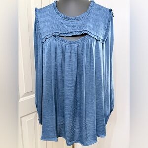 Skies Are Blue Curvy 2X Blue Smocked Ruffle Blouse Keyhole Neck